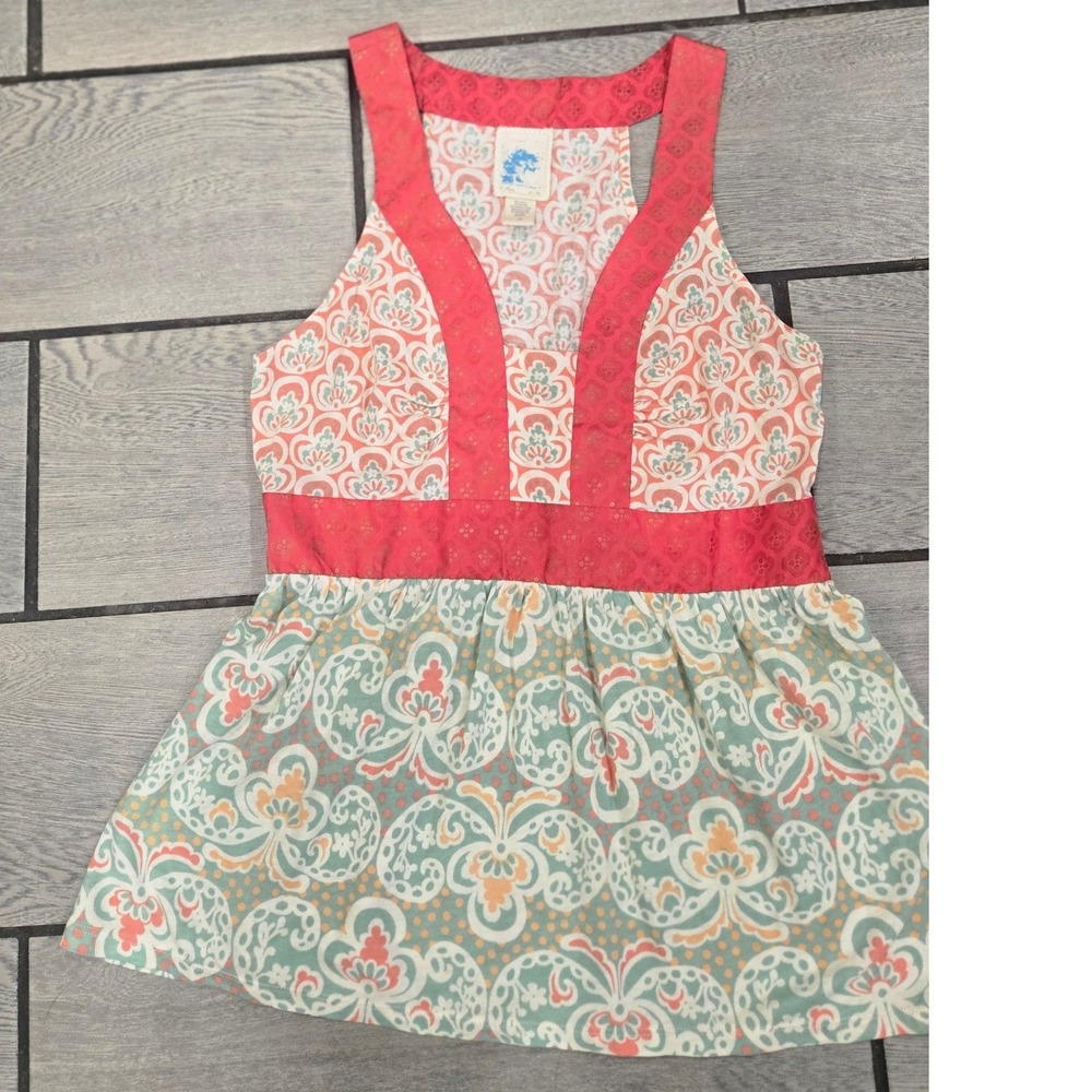 Anthropologie C. Keer‎ Mixed Print Medallion Babydoll Tank Top Coral Teal Small